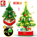 Christmas Theme Rotating LED Shining Music Box Building Blocks DIY City Friends Tree House Bricks Toys For Children Xmas Gifts