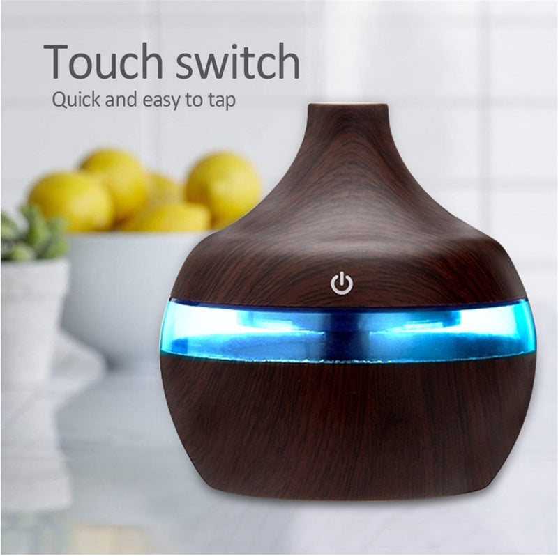 Humidificador de coche de 300ml, difusor de aceites esenciales, humidificador de aire ultrasónico de grano de madera, Mini generador de niebla USB, 7 luces LED para coche y hogar