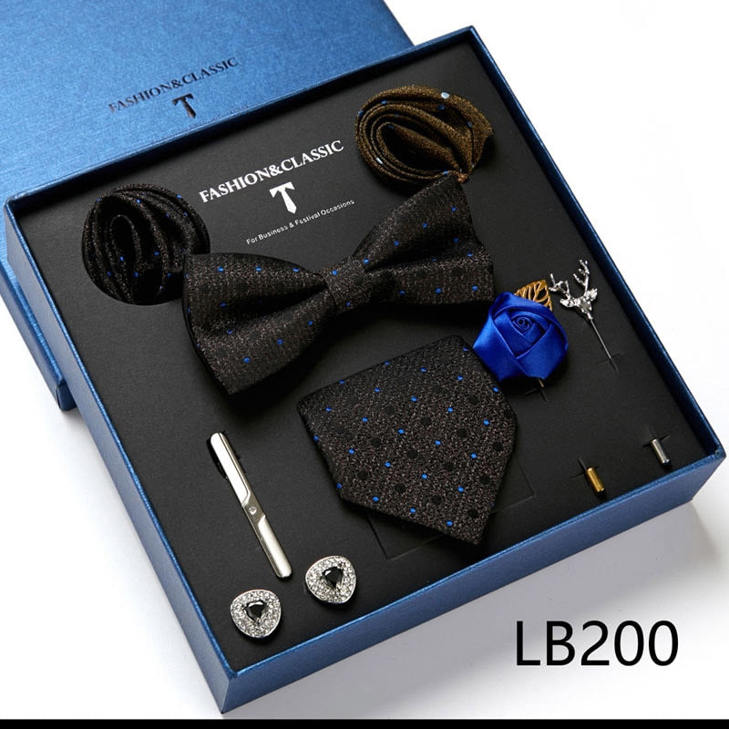 Envío Gratis, conjunto de corbata para hombre, caja de regalo de lujo, conjunto de corbata de seda, 8 Uds., embalaje interior, regalo festivo, pañuelos de bolsillo