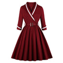 Tonval Vintage Style Wrap Belted Elegant Pleated Autumn Dress Women 2022 Winter Robe Femme 3/4 Length Sleeve Cotton Dresses