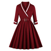 Tonval Vintage Style Wrap Belted Elegant Pleated Autumn Dress Women 2022 Winter Robe Femme 3/4 Length Sleeve Cotton Dresses