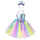 Kids Girls Mermaid Princess Dress Sleeveless Mesh Tutu 3D Flower Hair Hoop Set Children Halloween Theme Party Cosplay Costume