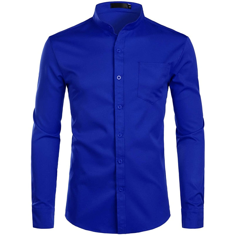 Camisas de vestir azul real para hombre, camisa de cuello mandarín con bandas de marca 2022, camisa informal de manga larga con botones y bolsillo 2XL para hombre