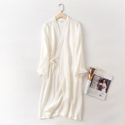 Couples Crepe Gauze Bathrobe Solid 100% Cotton Robe Long-sleeved V-neck Kimono Wedding Robes Sleepwear Plus Size Dressing Gown