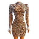 Sparkly Colorful Rhinestones Transparent Dress Prom Evening Sexy See Through Multicolor Crystals Costume Birthday Fether Sleeves