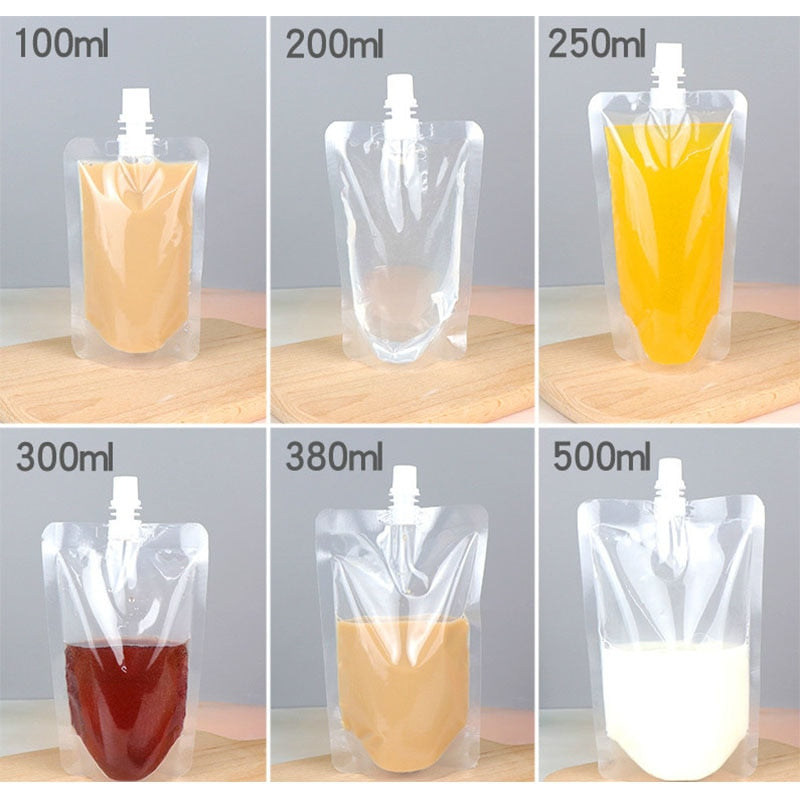 100 Pack, Stand-up Plastic Drink Packaging Bag Spout Pouch For Beverage Liquid Juice Milk Coffee