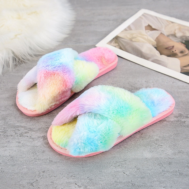 Winter Women House Slippers Cross Faux Fur Ins Fashion Warm Shoes New Indoor Warm Cotton Slippers Thickened Leak-Toe Fur Slides