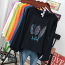Spring and autumn Fashion street Casual Women Long sleeve T-shirt loose 100% cotton Soft Pullovers Harajuku Feather print Tops