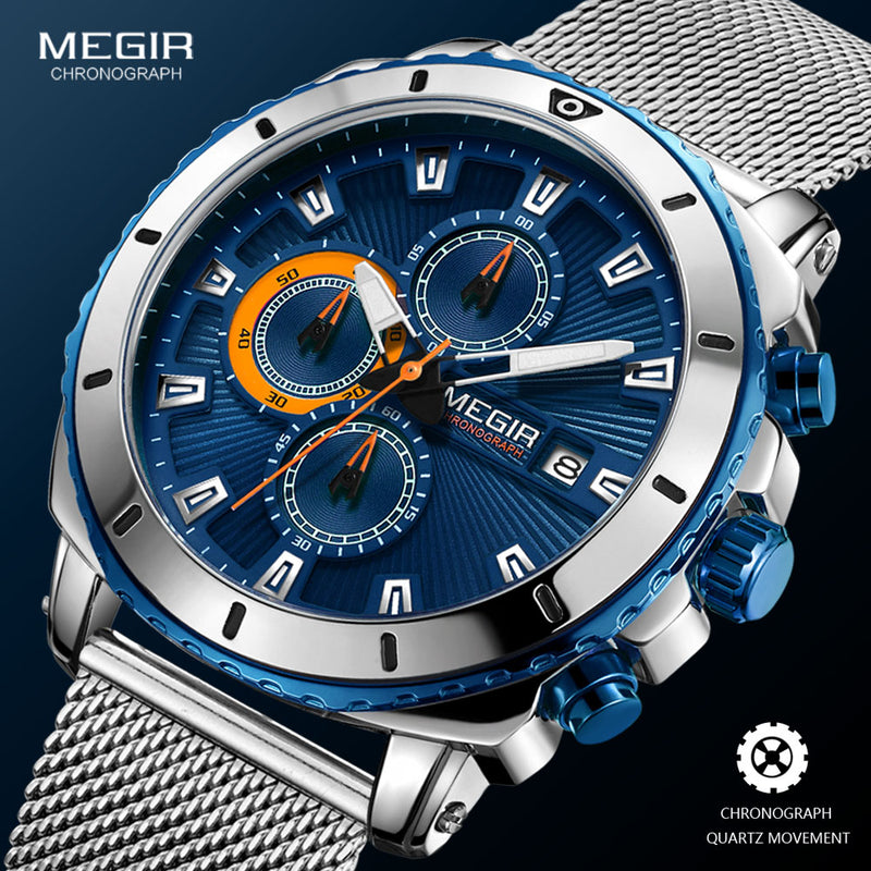 Relojes Megir para hombre 2020, correa de malla de lujo, reloj de cuarzo de negocios para hombre, relojes de pulsera deportivos militares resistentes al agua de la mejor marca, cara azul