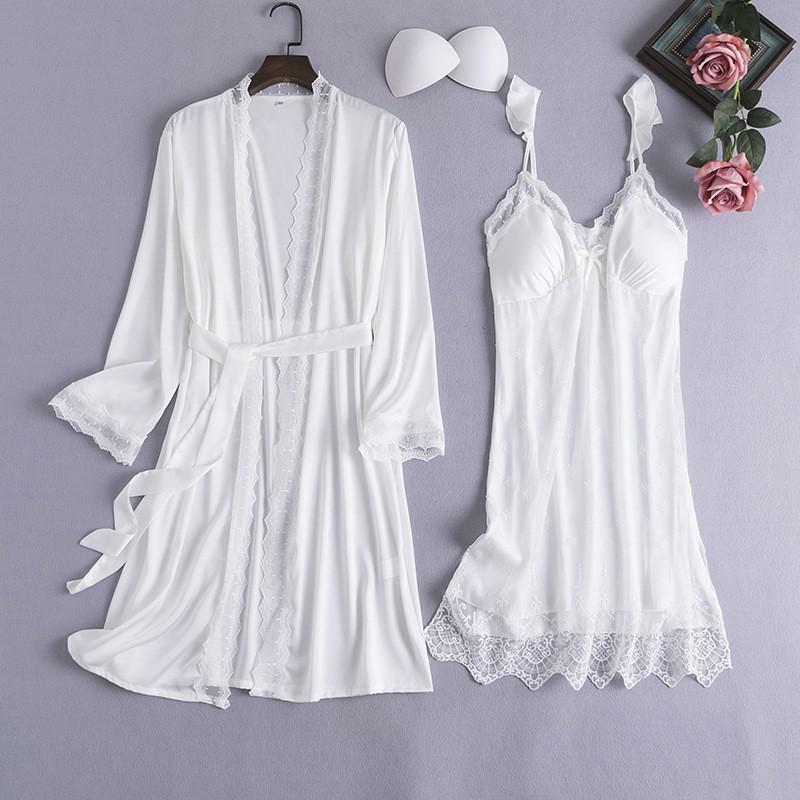 Satin Lady Robes Suit Sexy Kimono Bathrobe Gown Full Slip Lace Nightwear With Strap Nightgown Lingerie Summer Sleepwear With Bow