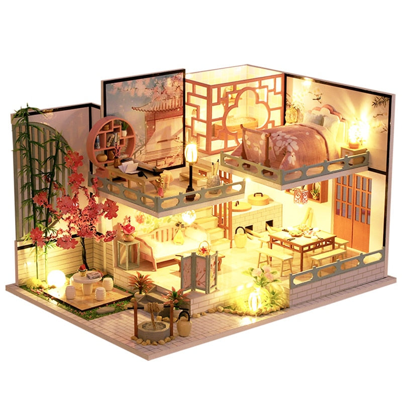 CUTEBEE Dollhouse Kit with Furniture Led Lights Diy Miniature House to Build Tiny Doll House Cozy Time for Children Toy Gift