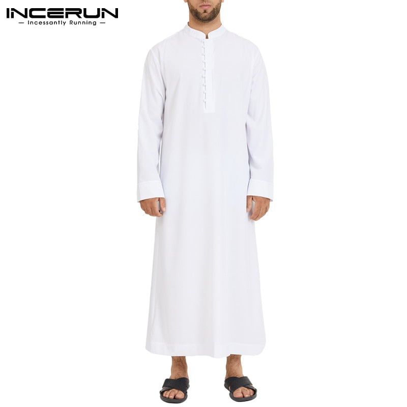 Muslimische Männer Jubba Thobe Langarm Einfarbig Atmungsaktive Roben 2022 Stehkragen Islamischer Arabischer Kaftan Männer Abaya S-5XL INCERUN