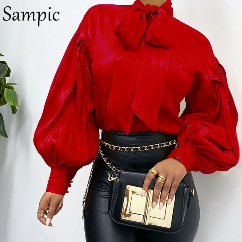 Sampic Mujer Moda Mujer Casual Oficina Cuello alto Blusa de satén Camisa Roja Vintage Blusa de manga larga Tops Primavera