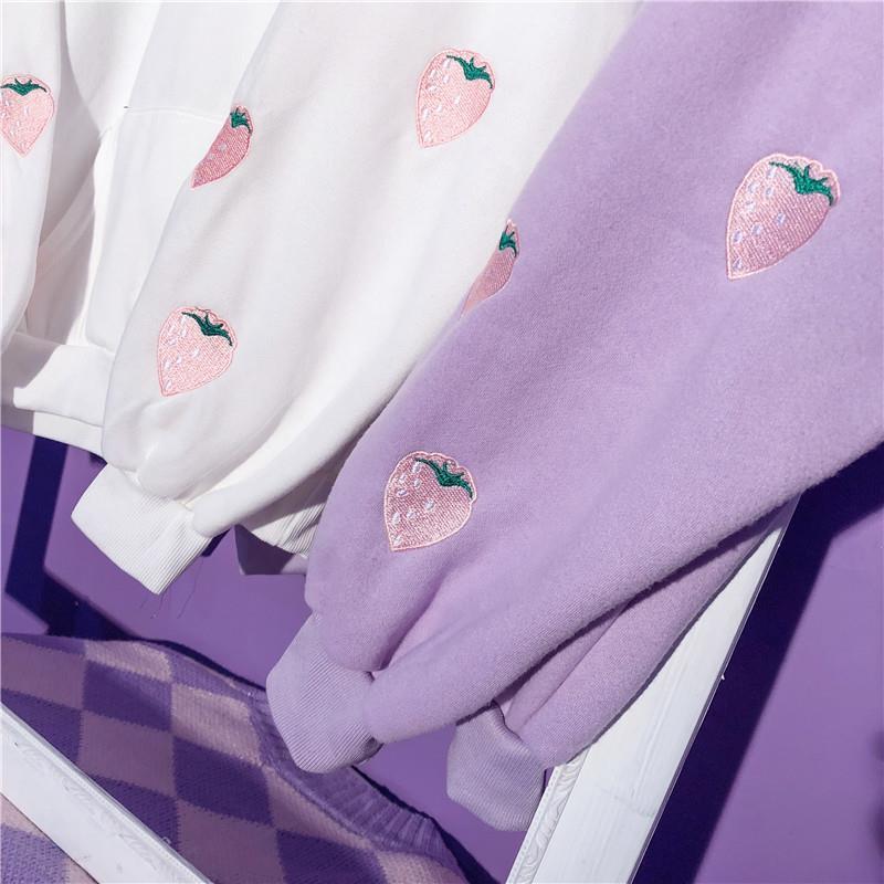 Harajuku Strawberry Embroidery Lavendel Pink Sweatshirt Herbst Winter Frauen Kawaii lose lange Ärmel Tops übergroße Hoodies XXL