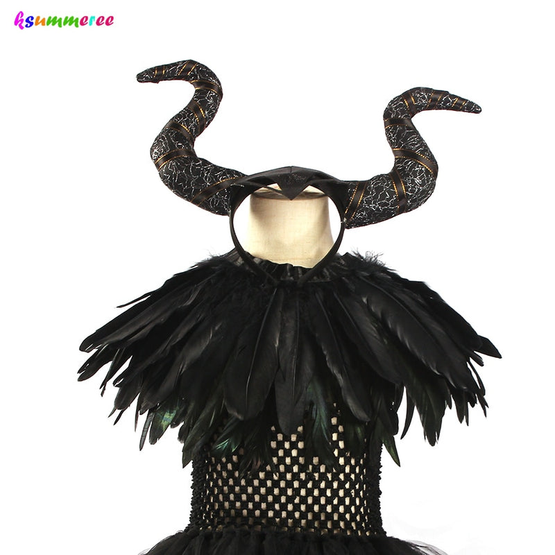 Niñas Halloween bruja malvada vestido negro tutú vestido con chal de plumas victoriano niños reina oscura villano Cosplay disfraz