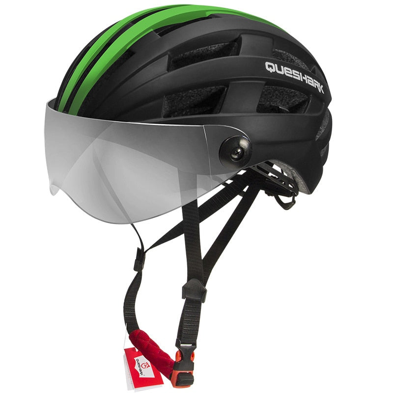 QUESHARK, casco de ciclismo ultraligero para hombres y mujeres, bicicleta de montaña, bicicleta de carretera, motocicleta, lente transparente extraíble, tapa segura QE116