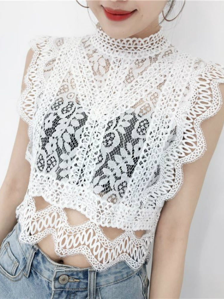 2022 Summer Lace Hollow Out Crop Tops Women Fashion Short Lacework Pullover Tank Vest Ladies Slim Elegant Outside Tank Tops