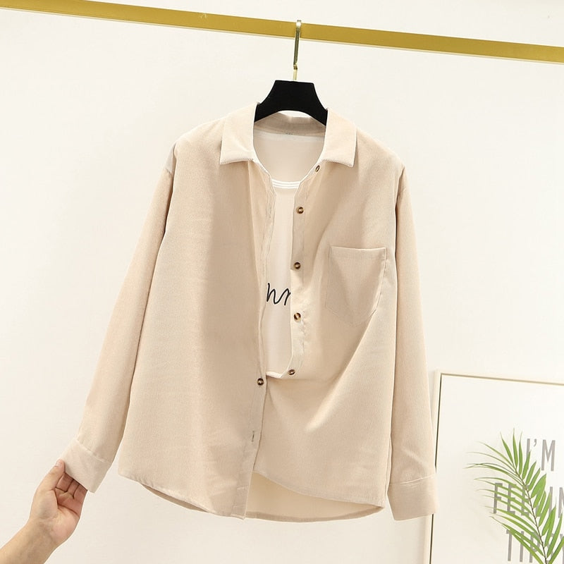 Spring Shirts Women Corduroy Blouses Loose Long Sleeve Solid Lady Tops Casual Outwear Female Clothes Autumn Jacket
