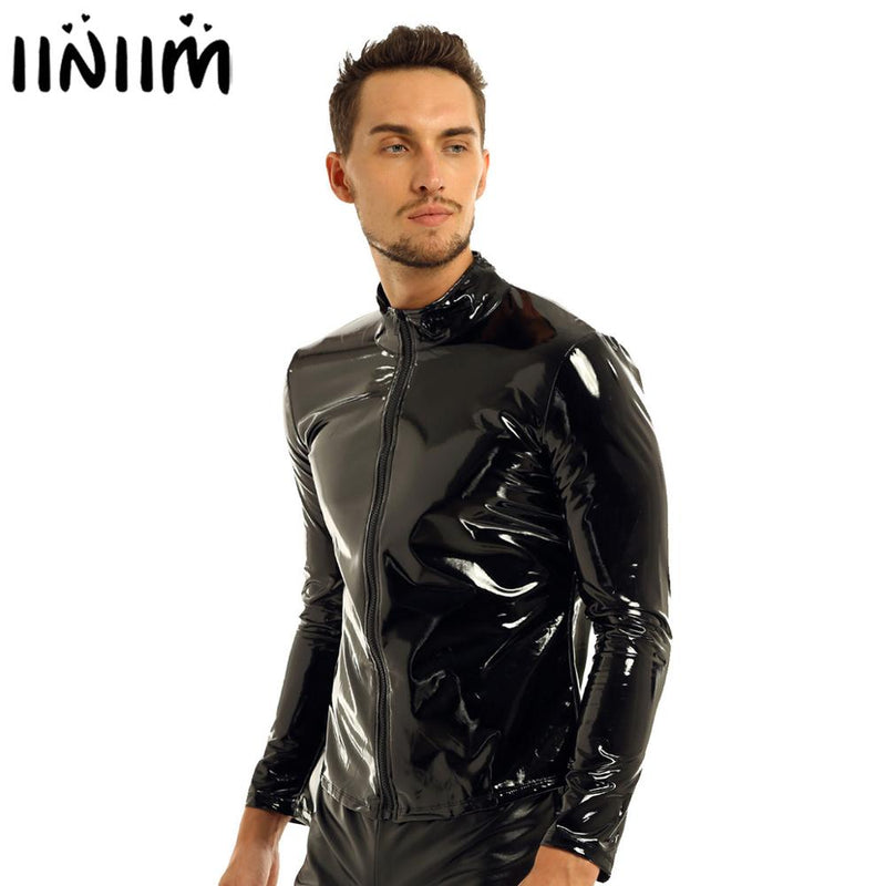 iiniim Hombres Brillante Metálico Manga larga Cremallera frontal Cuello levantado Tops Wet Look Charol Night Clubwear Camisa Rendimiento superior