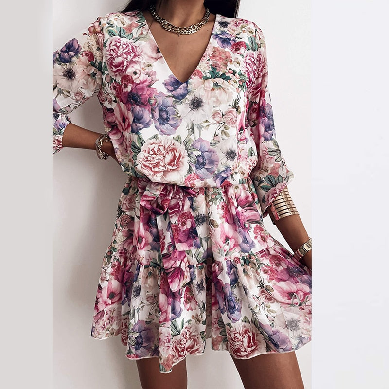 Spring Women's Chiffon V Neck Flower Print Dress Casual Long Sleeve Short Dress Female Boho Leisure A Line Party Vestidos 2021