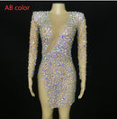 Sparkly Colorful Rhinestones Transparent Dress Prom Evening Sexy See Through Multicolor Crystals Costume Birthday Fether Sleeves