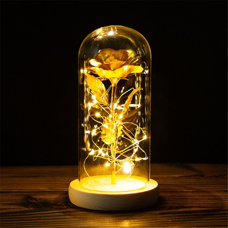 LED Enchanted Galaxy Rose Eternal 24K Gold Foil Flower with String Lights In Dome for Home Decor Christmas Valentine&