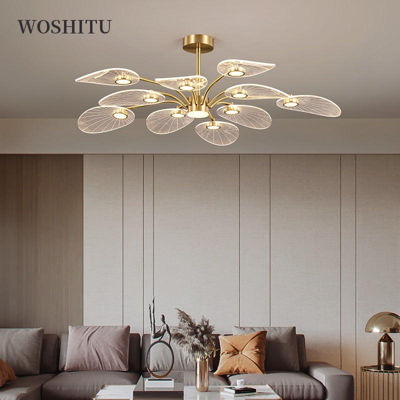 Lámpara de techo LED WOSHITU, candelabros nórdicos de cobre para dormitorio, sala de estar, diseño en forma de hoja de loto, accesorio de iluminación para decoración del hogar