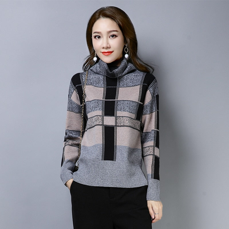 Vintage Plaid Turtleneck Sweater Women Autumn Winter Contrast Color Elegant Pullover Sweaters Knitted Jumpers golf sweter