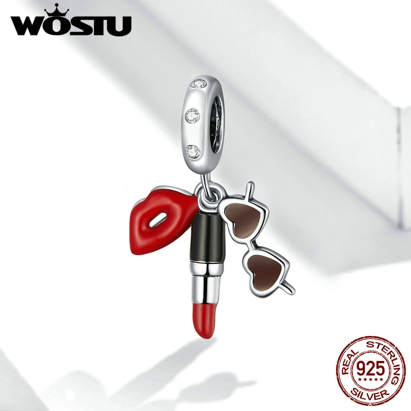 WOSTU Lipstick &amp; Sunglasses Charm 925 Sterling Silver CZ Enamel Bead Pendant Fit Original Bracelet DIY Necklace Jewelry CTC346