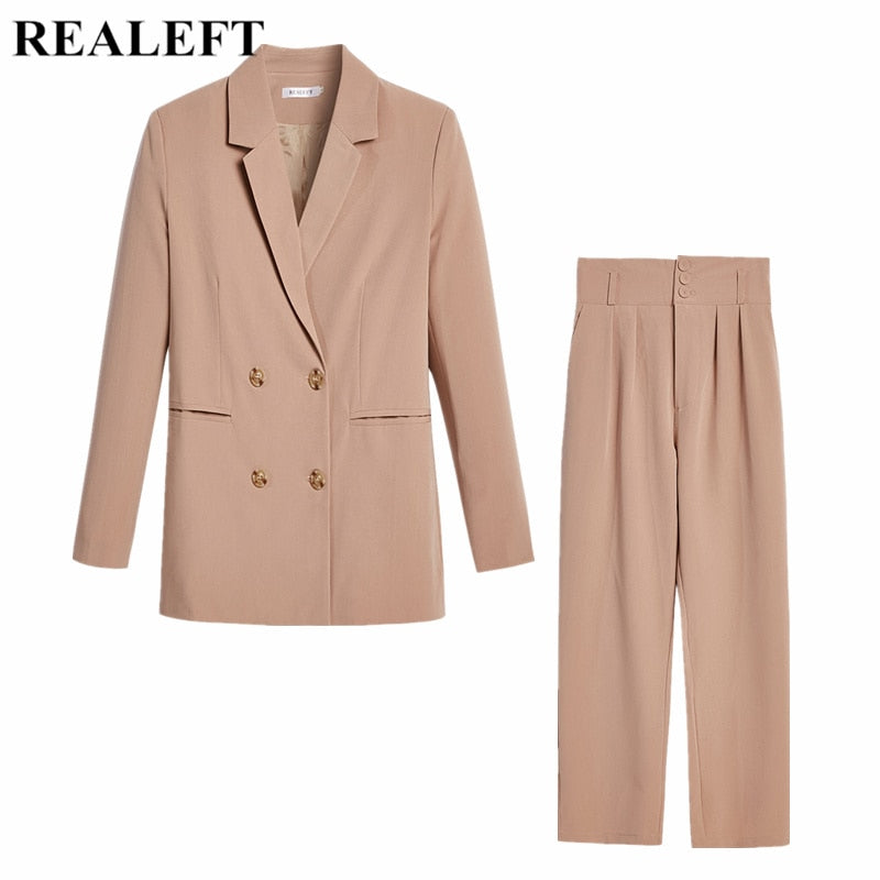 REALEFT 2021 nuevo Otoño Invierno traje de pantalón de mujer chaqueta con muescas de doble botonadura y pantalón ropa de oficina conjuntos de mujer