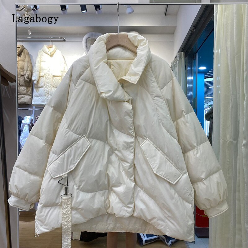 Lagabogy 2022 New Winter Women Short 90% White Duck Down Jacket Ultra Light Warm Parkas Female Zipper Loose Puffer Coat Outwear