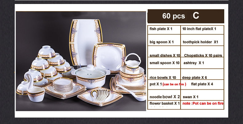 60 Heads Jingdezhen Ceramic Dinner Dish Посуда Salad Bowl Plate посуда для кухни наборы Dinnerware Set Kitchen Tableware