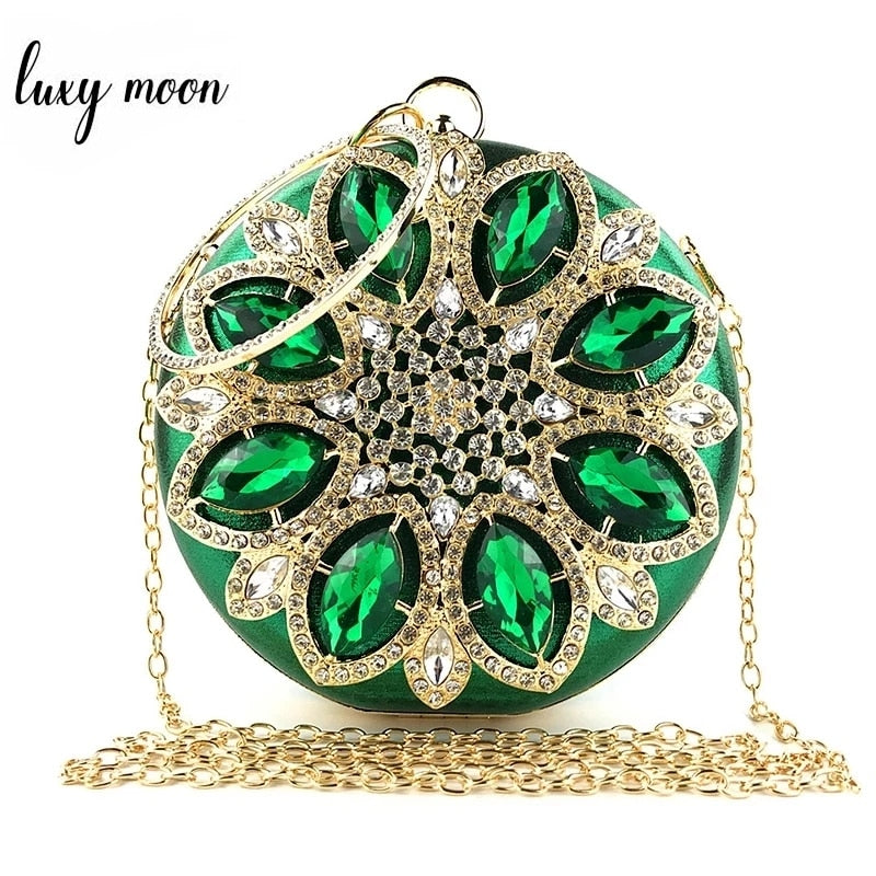 Green Clutch Bag Women Round Clutch Purse Evening Bag Crystal Wedding Purse and Handbag Exquisite Chain Shoulder Bag ZD1244