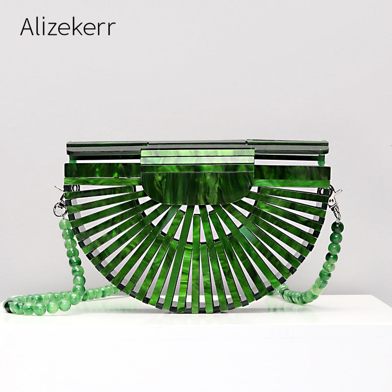 Acrylic Basket Evening Clutch Bag Women Hollow Out Stone Pattern Half Moon Acrylic Beach Handbag Beaded Shoulder Bag Holiday