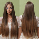 EASIHAIR largo sedoso liso marrón rubio T parte pelucas de encaje con minimechones pelucas sintéticas resistentes al calor de alta densidad para mujeres