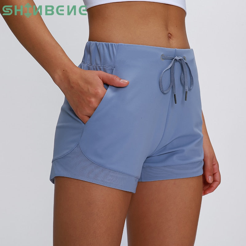 SHINBENE Naked-feel Cozy-soft Loose Fit Training Gym Sport Shorts Women Waist Drawstring Running Yoga Fitness Workout Shorts