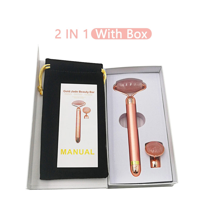 2 in 1 Electric Jade Roller Natural Rose Quartz Vibrating Massager Face Lift Slimming Wrinkle Removal Skin Tightening