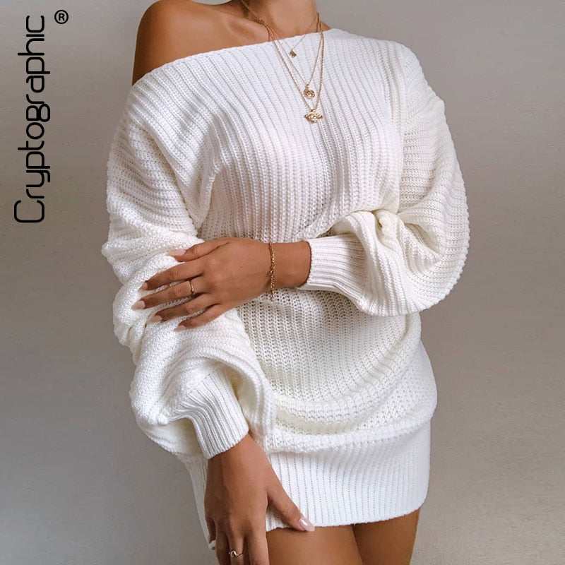 Cryptographic Casual Knitted Mini Dress Women Autumn Winter Sweaters Balloon Long Sleeve Knitwear Women&