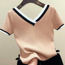 V-Ausschnitt Kurzarm Shirt Frauen Kontrastfarbe Gestreift Gestrickt 2023 Sommer Tops Shirt Koreanische Kleidung Femme Camisetas Mujer 13362