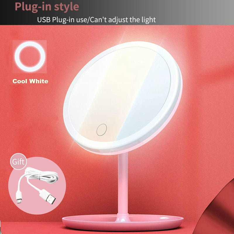 Espejo de maquillaje LED con lámpara de luz con almacenamiento de escritorio espejo cosmético giratorio luz de atenuación ajustable espejo de tocador USB