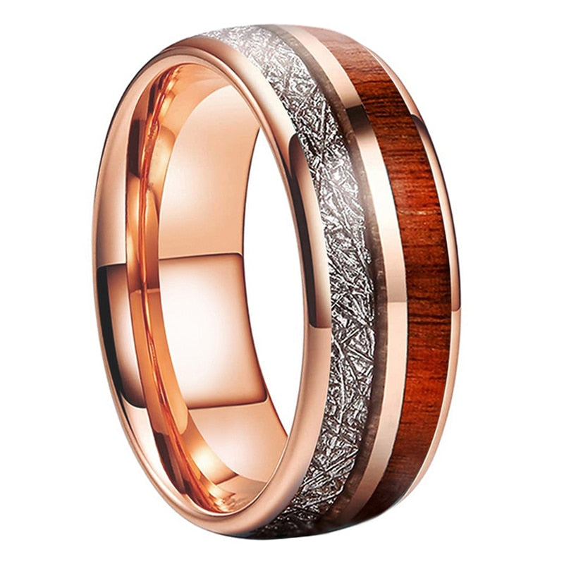 Rose Gold/Black 8mm Wedding Bands Tungsten Carbide Rings for Men Women Domed Koa Wood Meteorite Inlay Polished Shiny Comfort Fit