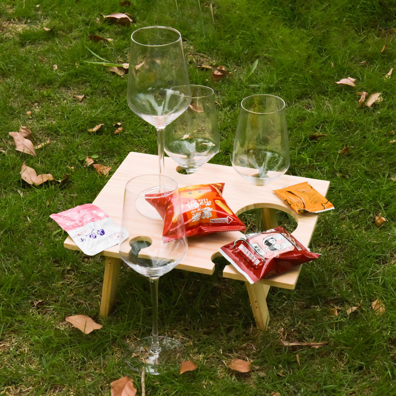 Portable Wooden Picnic Table Carry Handle Outdoor Folding Wine Table Removable Wine Glass Holder Folding Table Fruit Snack Tray