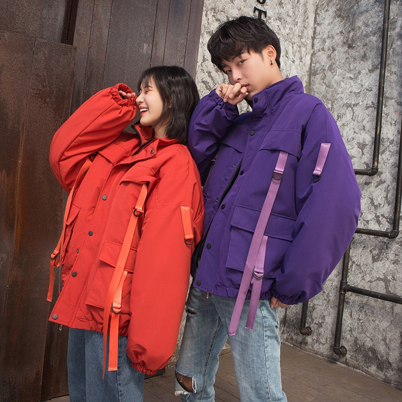 2021 Men Winter Jacket Ribbons Pockets Thick Hip Hop Streetwear Parkas Casual Padded Men&