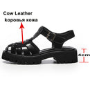 Meotina Platform Wedges Sandals Real Leather Mid Heel Shoes T-Strap Round Toe Female Footwear Buckle Sandals Summer Black New
