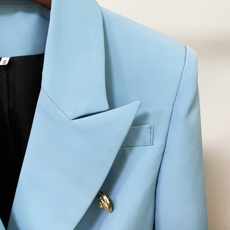HIGH STREET Neueste 2022 Designer Jacke Mode Damen Klassische Slim Fit Zweireiher Löwe Knöpfe Blazer Babyblau