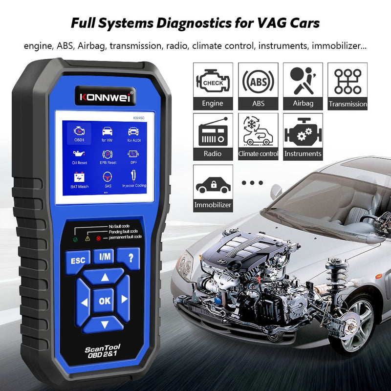 Herramienta de diagnóstico KONNWEI KW450 OBD2 para coches VAG VW Audi ABS Airbag aceite ABS EPB DPF SRS TPMS reinicio escáner de sistemas completos VAG COM