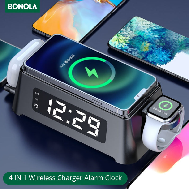 Bonola 15W Qi Alarm Clock Wireless Charger Pad for Apple/iPhone 12 11 XS XR 8 Plus Charger for Apple Watch 6 5 4/Airpods 2/Pro