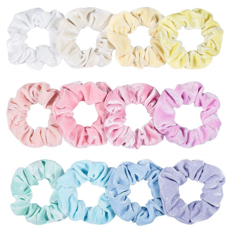 Venta al por mayor de mujeres invierno terciopelo Scrunchie paquete 12 unids/lote Color Pastel brillante elástico lazo para el cabello cuerda niña pelo Schrunchy Set 2022