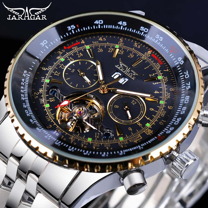 Jaragar 2017 Flying Series Golden Bezel Scale Dial Design Reloj de acero inoxidable para hombre Marca de lujo Reloj mecánico automático