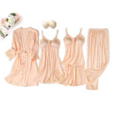 Black Sexy Women Robe Set Faux Silk Kimono Bathrobe Gown 5PCS Sleepwear Suit Hollow Out Lace Nightgown Home Wear Wedding Gift